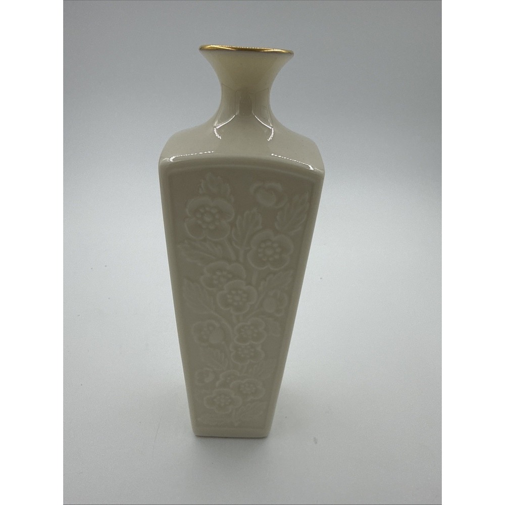 Lenox Porcelain Square Bud Vase W 24k Rim & Raised‎ Floral Design